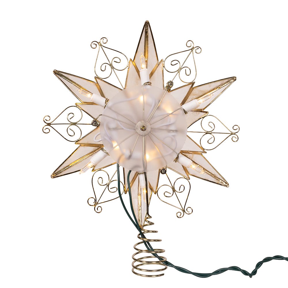Kurt Adler 10-Light LED 6-Point Brass Plated Capiz Star With Scroll Design Tree Topper